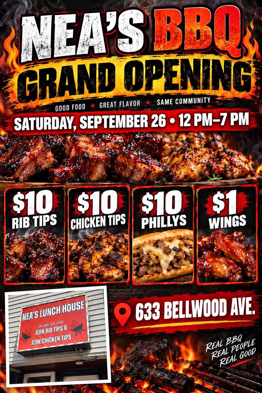 Nea’s BBQ grand opening flyer with Bellwood address and specials